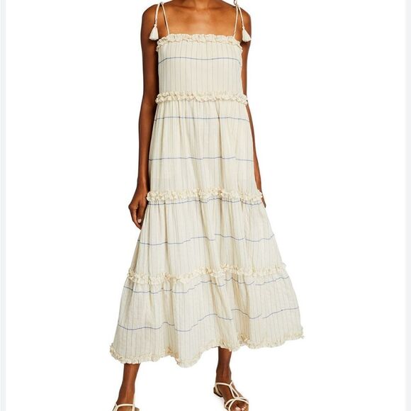 TORY BURCH Long Ruffle Dress Ivory Dutches Blue Stripe Size L. - Picture 9 of 11